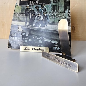 Brass “Now Playing” Tabletop Vinyl Stand – Engravable Album Cover Display