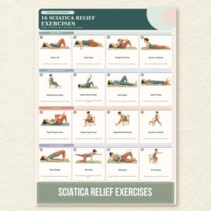 Könnte beinhalten: Ein Poster mit dem Titel 16 Sciatica Relief Exercises, das sechzehn illustrierte Felder mit verschiedenen körperlichen Bewegungen zeigt. Jedes Feld enthält eine nummerierte Figur, die eine bestimmte Dehnübung demonstriert, begleitet von beschreibenden Texten.