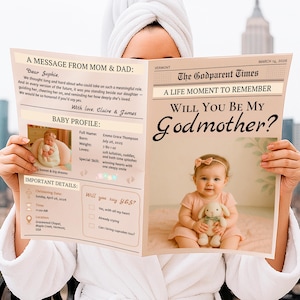 May include: A newspaper-style announcement with the headline "Will You Be My Godmother?" features a baby girl holding a stuffed bunny. The announcement includes a baby profile, christening details, and a message from the parents.