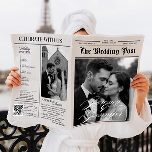 May include: A person holding a newspaper titled "The Wedding Post" with wedding photos and text. The newspaper includes the wedding timeline, QR code, and the names "Jeremy & Jennifer". The background includes the Eiffel Tower.