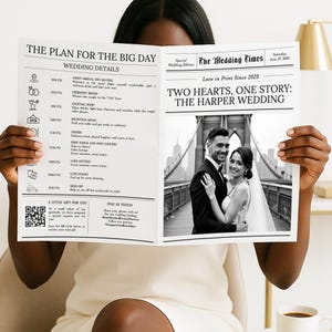 May include: A wedding announcement in the style of a newspaper, titled "The Wedding Times," featuring the headline "Two Hearts, One Story: The Harper Wedding." It includes wedding details, a photo of the couple, and the date.