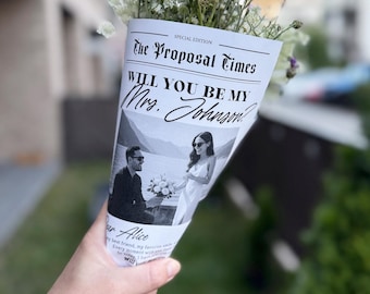 Modelo de Proposta de Noivado em Jornal | Pedido de Noiva | Você Quer Casar Comigo | Modelo Canva | Jornal de Casamento | Buquê de Flores | #106