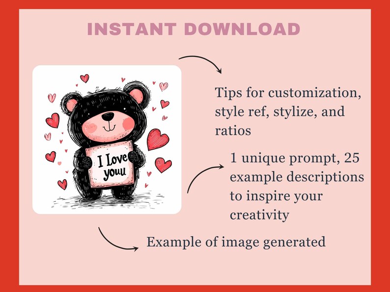 May include: A black bear cartoon holding a sign that says "I Love You" surrounded by pink hearts. This is an example of an image generated from a prompt.