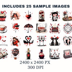 May include: A set of 25 digital Valentine's Day clip art images. The images feature hearts, lovebirds, a typewriter, a coffee cup, a hot air balloon, a book, a bottle of champagne, a clock, a couple, and more. The images are 2400 x 2400 pixels and 300 DPI.