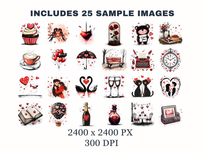May include: A set of 25 digital Valentine's Day clip art images. The images feature hearts, lovebirds, a typewriter, a coffee cup, a hot air balloon, a book, a bottle of champagne, a clock, a couple, and more. The images are 2400 x 2400 pixels and 300 DPI.