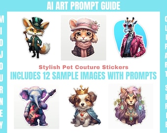 Guía de arte con IA de Midjourney: Pegatinas de animales de moda (Descarga digital)