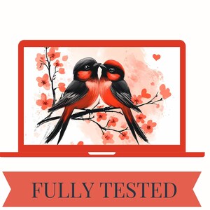 May include: A laptop screen displaying a digital illustration of two red birds with black wings perched on a branch of pink cherry blossoms. The background is a watercolor wash of pink and white.
