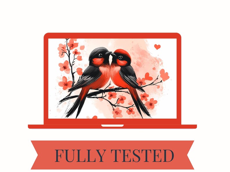 May include: A laptop screen displaying a digital illustration of two red birds with black wings perched on a branch of pink cherry blossoms. The background is a watercolor wash of pink and white.