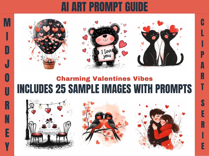 May include: A digital art prompt guide for creating Valentine's Day themed images using Midjourney. The guide includes 25 sample images with prompts. The images feature a hot air balloon with hearts, a teddy bear holding a sign that says "I love you", two black cats with hearts, a couple embracing, and two birds on a branch with pink flowers.