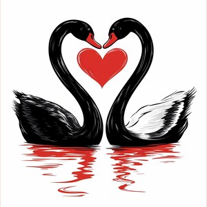 May include: Two black swans with their necks curved into a heart shape, facing each other with their beaks touching. A red heart is in the center of the heart shape formed by their necks. The swans are reflected in the water below.