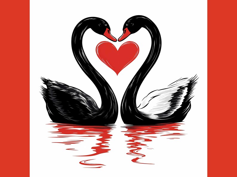 May include: Two black swans with their necks curved into a heart shape, facing each other with their beaks touching. A red heart is in the center of the heart shape formed by their necks. The swans are reflected in the water below.