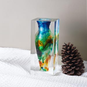 Art Inspired Color Palette Clear Vase, Colorful Ink Wash Artist Handmade Decor, Unique Watercolor Blended Modern Vase
