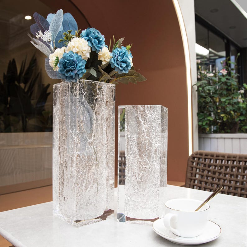 Glacier Art Rectangular Vase, Ice Crystal Acrylic Vase, Modern Clear ...