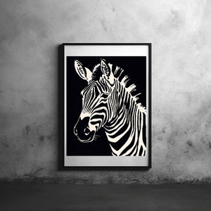 Puede incluir: Ilustración en blanco y negro de la cabeza de una cebra sobre un fondo negro.