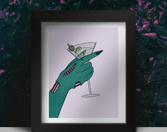 Zombie Martini, monster art, spooky art, ghoulentine, valloween, zombie art, retro halloween, pastel goth