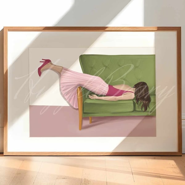 Tired Woman Green Sofa Wall Art Print Female Poster Funny Illustration Living Room Decor Gift Bedroom Print Kitchen Woman Present Home Decor