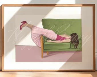 Tired Woman Green Sofa Wall Art Print Female Poster Funny Illustration Living Room Decor Gift Bedroom Print Kitchen Woman Present Home Decor