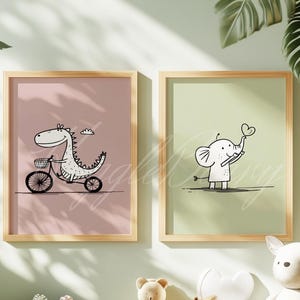 5 süsse Kinderzimmer Print Bundle Pastell Tier Zeichnung Bär Elefant Dino Löwe Hund Wunderliche Spielzimmer Poster Kinder Kleinkind Baby Zimmer Kind Dekor