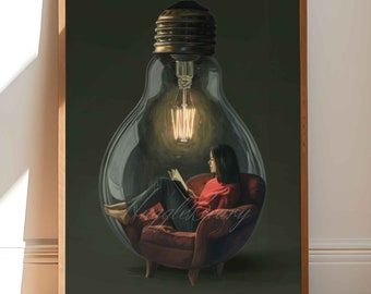 Lesende Frau in Glühbirne Bücherwurm Buchliebhaber Leser Leseratte Geschenk Kreative Wand Kunst Druck Illustration Poster Gemütliches Wohnkultur Entspannen zu Hause