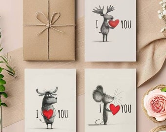 Tarjetas lindas Te Amo Feliz Aniversario Animal Dibujo Corazón Pequeño Regalo Romántico Novia Novio Pareja Cumpleaños Pareja Postal Imprimir