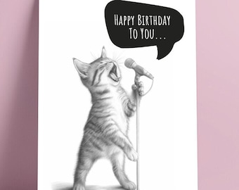 Tarjeta divertida del feliz cumpleaños: lindo gato negro cantando karaoke gatito imprimir cartel retrato arte humorístico amantes de los gatos regalo peculiar dibujo a lápiz