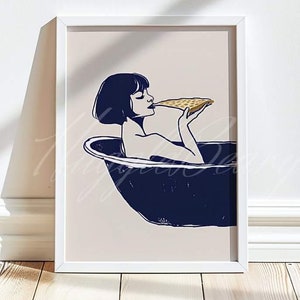 Femme mangeant une pizza dans la baignoire, détendez-moi, cadeau salle de bain, art gastronomique, affiche drôle, impression féminine, portrait féministe, amateur de nourriture, signe d'art délicieux