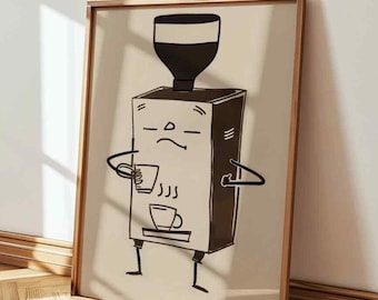 Máquina de café cansada bebiendo espresso: divertido amante del café impresión regalo café cocina esquina signo oficina decoración capuchino latte break frijoles taza