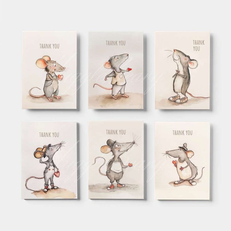 Cute Thank You Cards Set: Multipack Greeting Personalised Note Watercolor Kids Birthday Party Wedding Baby Shower Help Neighbour Small Gift mouse mice animal adorable sweet