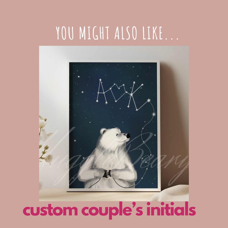 couples initials gift illustration print with white polar bear holding electricity cable  and names initials as star constellation