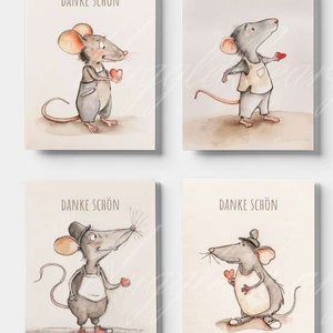 Cute Thank You Cards Set: Multipack Greeting Personalised Note Watercolor Kids Birthday Party Wedding Baby Shower Help Neighbour Small Gift mouse mice animal adorable sweet