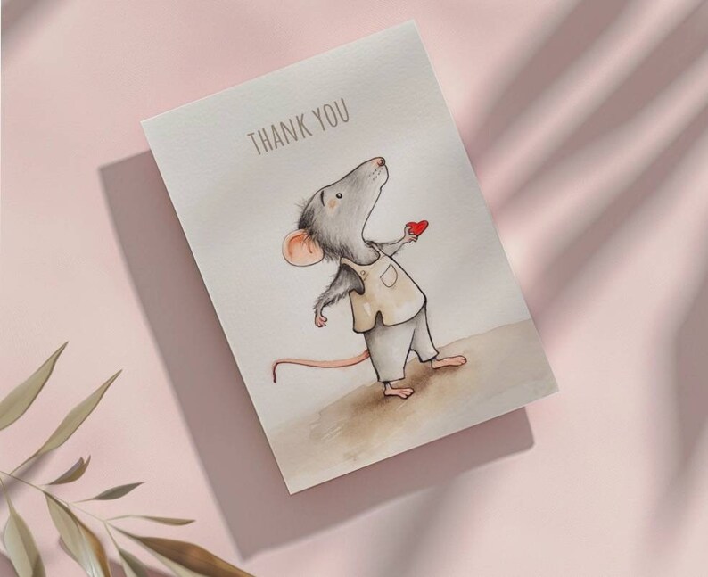 Cute Thank You Cards Set: Multipack Greeting Personalised Note Watercolor Kids Birthday Party Wedding Baby Shower Help Neighbour Small Gift mouse mice animal adorable sweet