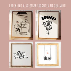 May include: Four framed illustrations. The first shows two cartoon birds at a coffee machine. The second shows a cartoon coffee pot holding a cup of coffee. The third shows a cartoon dachshund with a pretzel. The fourth shows two cartoon bees on a swing.