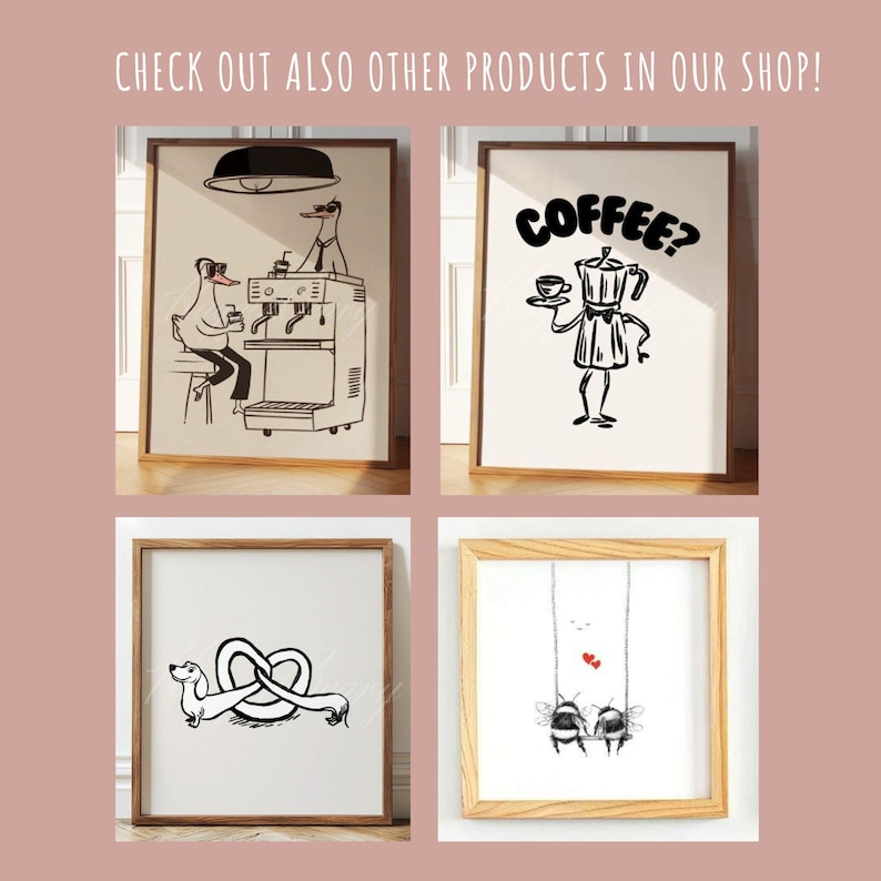 May include: Four framed illustrations. The first shows two cartoon birds at a coffee machine. The second shows a cartoon coffee pot holding a cup of coffee. The third shows a cartoon dachshund with a pretzel. The fourth shows two cartoon bees on a swing.