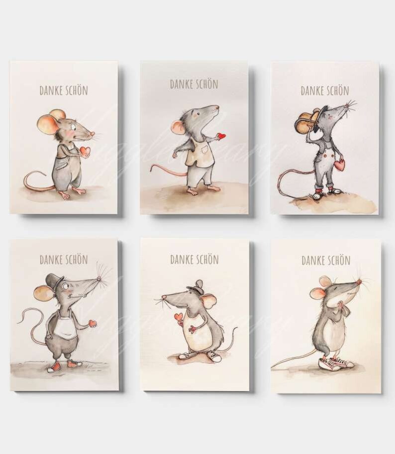 Cute Thank You Cards Set: Multipack Greeting Personalised Note Watercolor Kids Birthday Party Wedding Baby Shower Help Neighbour Small Gift mouse mice animal adorable sweet