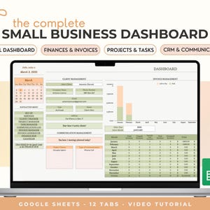 Può includere: Uno schermo di un laptop che mostra un modello di dashboard per piccole imprese. Lo schermo mostra sezioni per la gestione dei clienti, le fatture e le attività del progetto. Il testo "the complete SMALL BUSINESS DASHBOARD" è in alto.