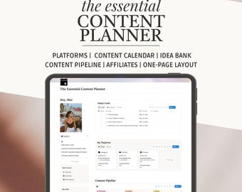 May include: A digital content planner displayed on a tablet. The image features the text "the essential CONTENT PLANNER" and lists features like platforms, content calendar, and content pipeline. The planner's interface is visible, with sections for tasks and content ideas.