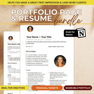 Può includere: Un pacchetto di pagine di portfolio e curriculum con il testo "Portfolio Page & Resume Bundle". Il design include un modello di curriculum con una foto e il testo "Your Name - Your Title". L'immagine include anche il testo "Ideal for Creatives".