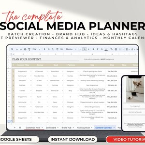 May include: A digital social media planner displayed on a laptop and smartphone. The laptop screen shows a spreadsheet with content planning categories. The smartphone displays a blog post. Text includes "Social Media Planner" and "Instant Download."