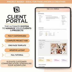 May include: A screenshot of a website for a client portal system. The website is designed to help freelancers and creatives manage their clients and projects. The website features a fully customizable interface, a complete project hub, a one-page template, an intuitive layout, and a full tutorial. The website also includes a section for project overview, project stages, and notifications.