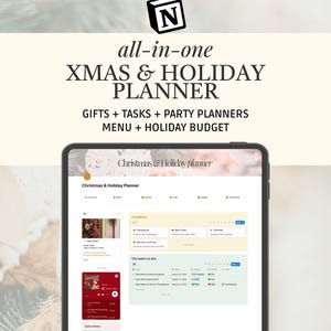 Può includere: Un tablet digitale che mostra un modello di pianificatore per Natale e le festività tutto in uno. Lo schermo presenta sezioni per regali, attività, pianificazione di feste, menu e budget. Il testo recita: all-in-one XMAS & HOLIDAY PLANNER.