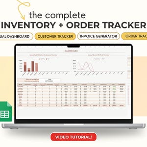 May include: A laptop screen displaying a spreadsheet with graphs and data. The spreadsheet is titled "Dashboard" and includes information about annual paid traffic, revenue, and orders. The spreadsheet is part of a larger inventory and order tracker system.