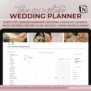 Plantilla de Notion para planificador de bodas Plantilla de lista de verificación para bodas Organizador de bodas Lista de invitados para bodas Seguimiento del presupuesto de la boda Planificador de luna de miel