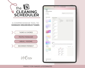 May include: A digital tablet displays "The Cleaning Scheduler" app interface. The app features sections for tasks, people management, and areas/rooms. The design includes pastel gradients and the text "A comprehensive tool to manage household tasks."