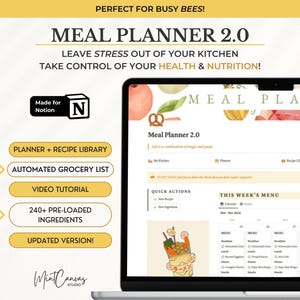 Planificateur de repas Notion Modèle Bibliothèque de recettes Plan de repas numérique Notion Journal alimentaire Livre de recettes numérique Notion Kitchen Pantry Manager Notion