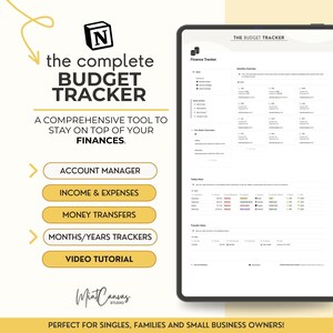 Könnte beinhalten: Digitaler Budget-Tracker auf einem Tablet. Der Bildschirm zeigt einen Finanz-Tracker mit Abschnitten für Kontoverwaltung, Einnahmen, Ausgaben und Geldtransfers. Der Text lautet "the complete BUDGET TRACKER" und "A COMPREHENSIVE TOOL TO STAY ON TOP OF YOUR FINANCES."