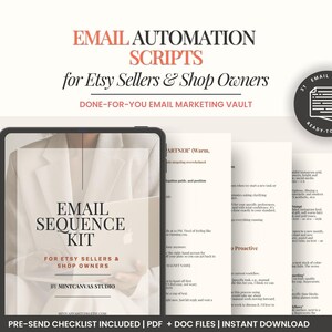 May include: A digital product set titled Email Automation Scripts for Etsy Sellers & Shop Owners, featuring an Email Sequence Kit, a pre-send checklist, and 31 ready-to-send email scripts in PDF and document formats by MintCanvas Studio.