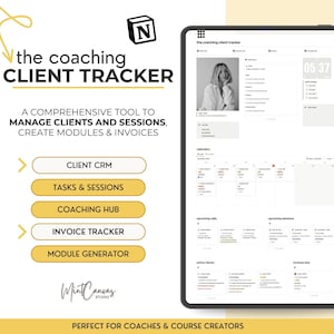 Könnte beinhalten: Ein weißer Bildschirm mit gelbem Hintergrund zeigt ein Mockup einer Notion-Seite mit dem Titel "The Coaching Client Tracker". Die Seite ist in Abschnitte mit Überschriften wie "Client CRM", "Aufgaben & Sitzungen", "Coaching Hub", "Rechnungstracker" und "Modulgenerator" unterteilt. Die Seite enthält auch einen Kalender, eine Liste der kommenden Anrufe und Sitzungen sowie eine Liste der aktiven Kunden.