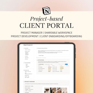 Può includere: Un tablet digitale mostra un'interfaccia "Client Portal 2.0", con strumenti di gestione dei progetti. L'immagine include il testo "Project-based CLIENT PORTAL" e "ONE-PAGE HUB TO CENTRALISE CLIENT PROJECTS & ELEVATE CLIENT EXPERIENCE."