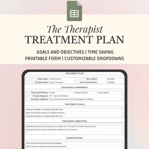 Può includere: Un documento digitale intitolato The Therapist TREATMENT PLAN con sezioni per diagnosi, valutazione, obiettivi di trattamento e interventi. Il modulo include campi per nomi, date e menu a discesa per la compilazione dei dati.