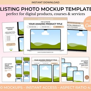 Könnte beinhalten: Ein digitales Vorlagen-Set für Listing-Fotos mit verschiedenen Layouts für Laptops, Tablets und Smartphones. Die Designs enthalten Platzhalter für Produkttitel, Merkmalslisten und Website-URLs in einer Farbpalette aus sanftem Rosa und Beige.